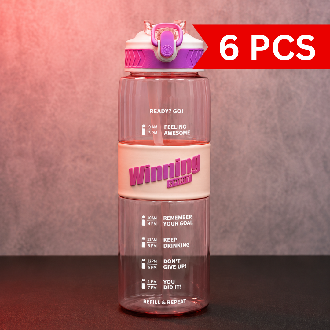 Winning Spirit motivational water bottle with time markers, pink hydration bottle with straw, carry strap and daily water intake reminder design