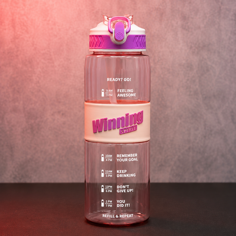 Winning Spirit motivational water bottle with time markers, pink hydration bottle with straw, carry strap and daily water intake reminder design