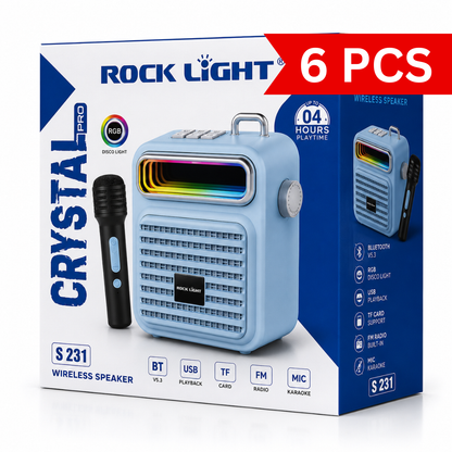 Portable Bluetooth karaoke speaker retail box with wireless microphone, RGB disco light, Bluetooth 5.3, USB playback, TF card support and FM radio.