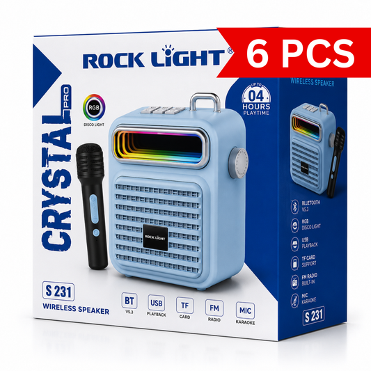 Portable Bluetooth karaoke speaker retail box with wireless microphone, RGB disco light, Bluetooth 5.3, USB playback, TF card support and FM radio.
