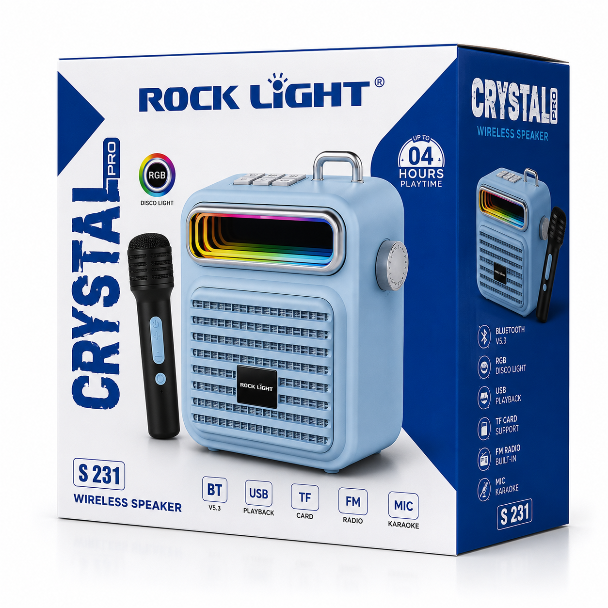 Portable Bluetooth karaoke speaker retail box with wireless microphone, RGB disco light, Bluetooth 5.3, USB playback, TF card support and FM radio.
