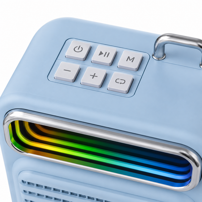 Top control panel of a portable Bluetooth speaker with power, play/pause, mode, volume controls and integrated metal carry handle.