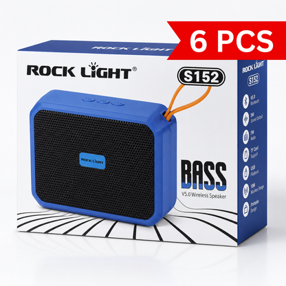 Portable Bluetooth Speaker S152 retail packaging featuring Bluetooth 5.0 connectivity, 5W sound output, FM radio, USB playback, TF card support, and compact portable design with carry loop.