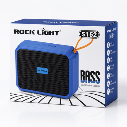Portable Bluetooth Speaker S152 retail packaging featuring Bluetooth 5.0 connectivity, 5W sound output, FM radio, USB playback, TF card support, and compact portable design with carry loop.