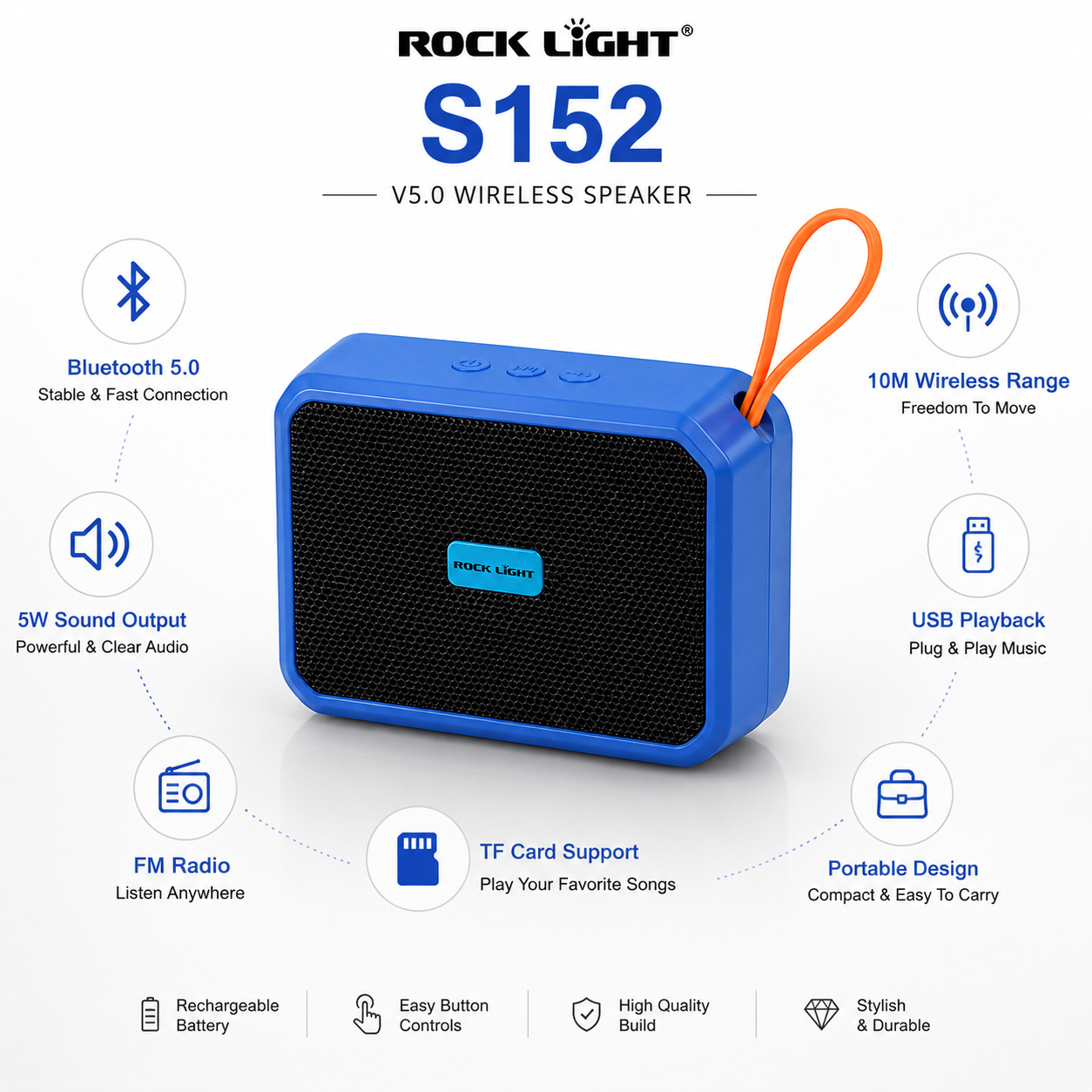 Portable Bluetooth Speaker S152 with Bluetooth 5.0, 10-meter wireless range, 5W sound output, FM radio, USB playback, TF card support, rechargeable battery, and portable carry-loop design.
