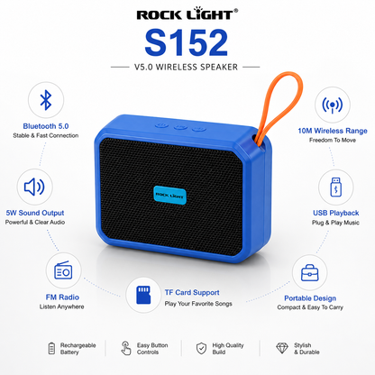 Portable Bluetooth Speaker S152 with Bluetooth 5.0, 10-meter wireless range, 5W sound output, FM radio, USB playback, TF card support, rechargeable battery, and portable carry-loop design.