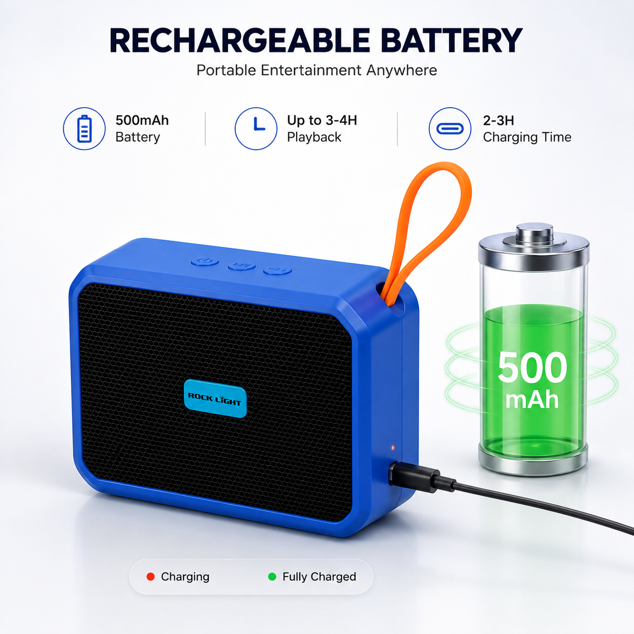 Portable Bluetooth Speaker S152 with 500mAh rechargeable battery, up to 3–4 hours playback time, 2–3 hours charging time, and compact travel-friendly wireless speaker design.