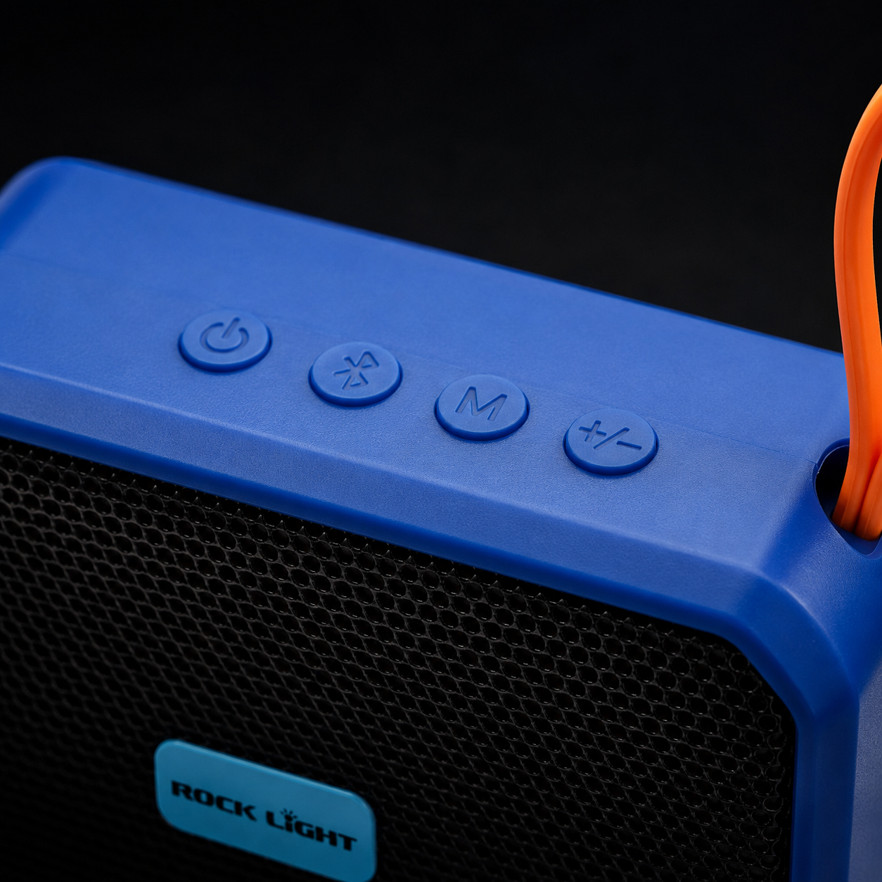 Close-up view of Portable Bluetooth Speaker S152 showing easy-access control buttons for power, Bluetooth mode, music playback, and volume adjustment on a compact wireless speaker.