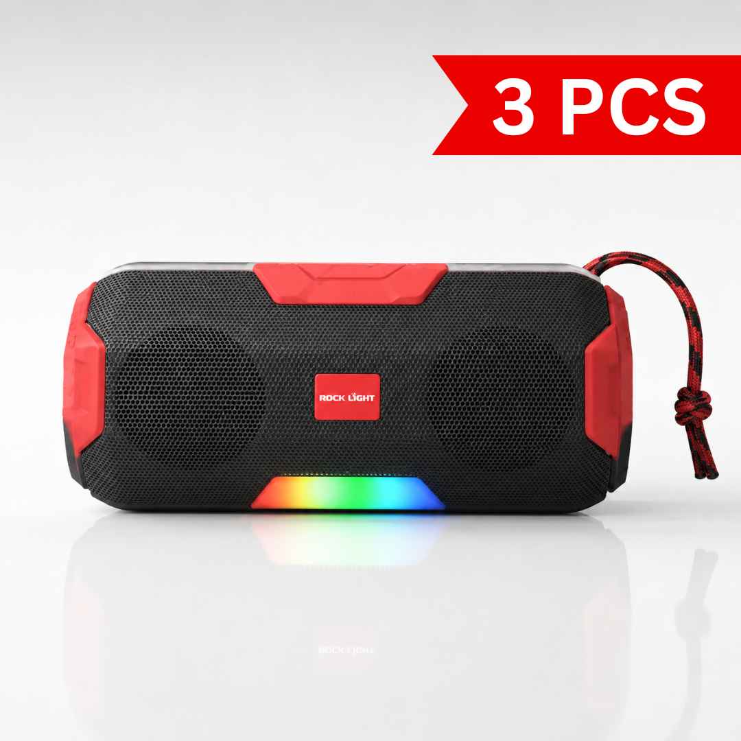 Heavy bass wireless speaker with RGB disco lighting, Bluetooth 5.0, USB playback, TF card slot, AUX connectivity, rechargeable battery, and portable outdoor design.