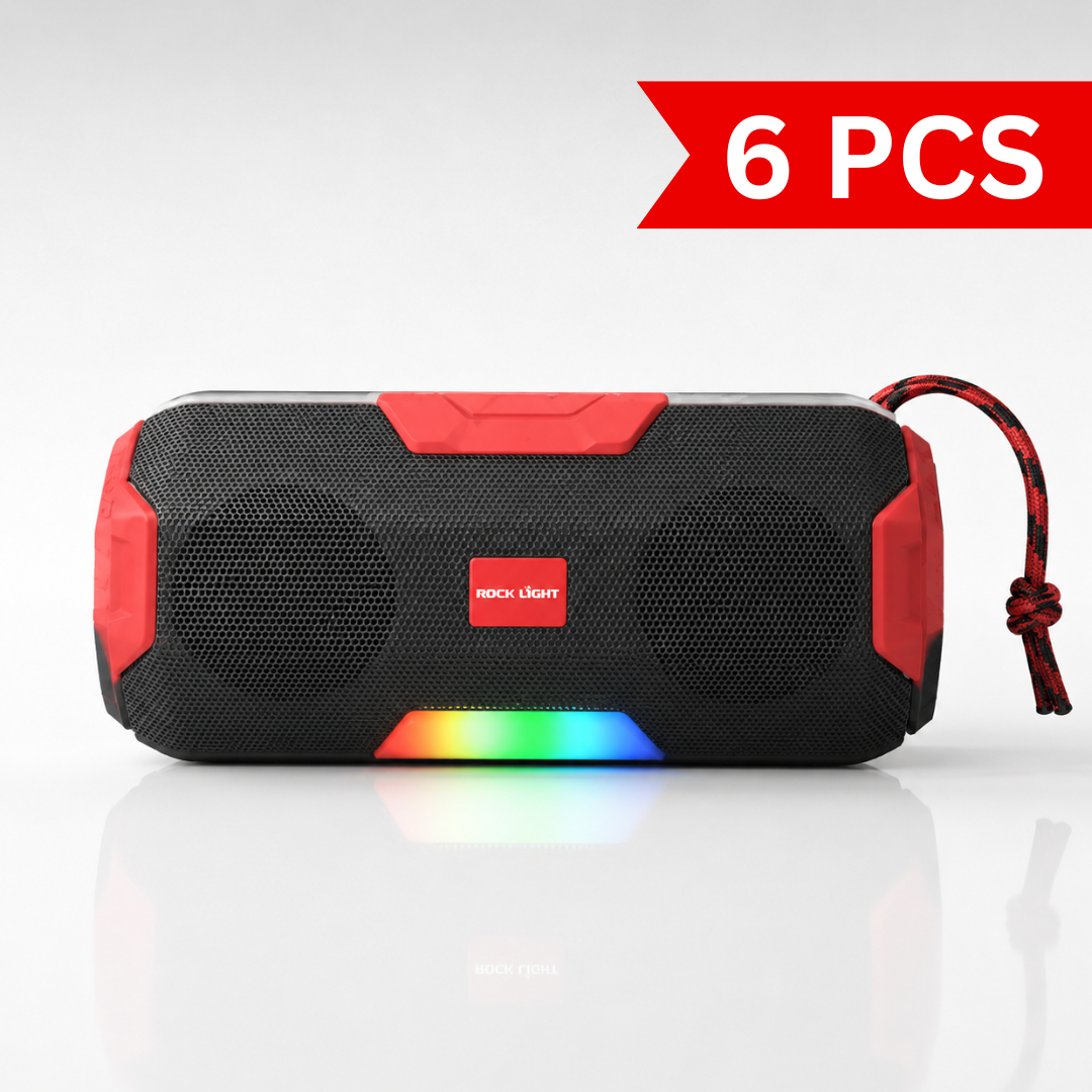 Heavy bass wireless speaker with RGB disco lighting, Bluetooth 5.0, USB playback, TF card slot, AUX connectivity, rechargeable battery, and portable outdoor design.