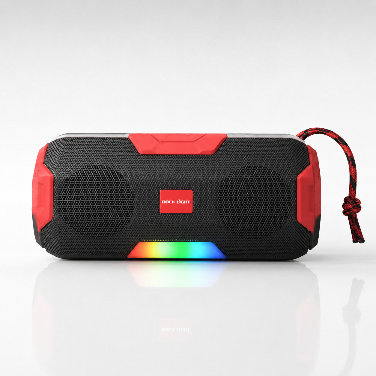 Heavy bass wireless speaker with RGB disco lighting, Bluetooth 5.0, USB playback, TF card slot, AUX connectivity, rechargeable battery, and portable outdoor design.