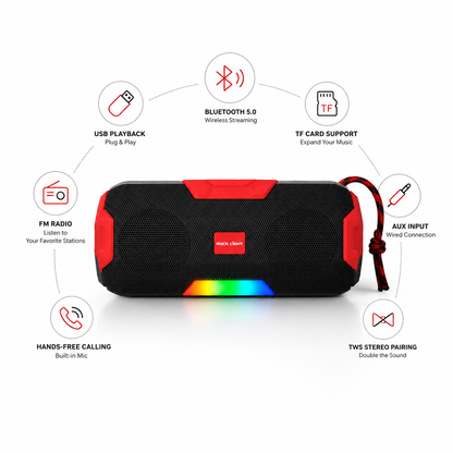 Portable wireless Bluetooth speaker with RGB disco light, Bluetooth 5.0 connectivity, FM radio, USB playback, TF card support, AUX input, hands-free calling, and TWS stereo pairing.