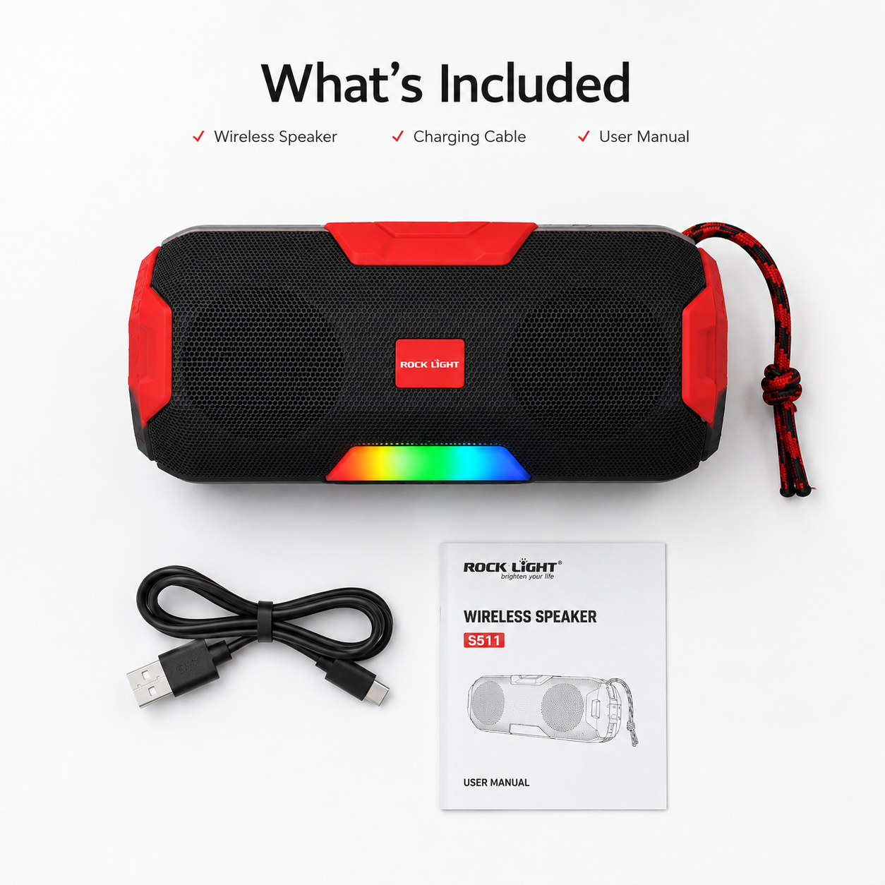 Rock Light portable Bluetooth speaker featuring RGB lighting effects, dual speaker design, rechargeable battery, Bluetooth 5.0 streaming, FM radio, USB and TF card playback support.