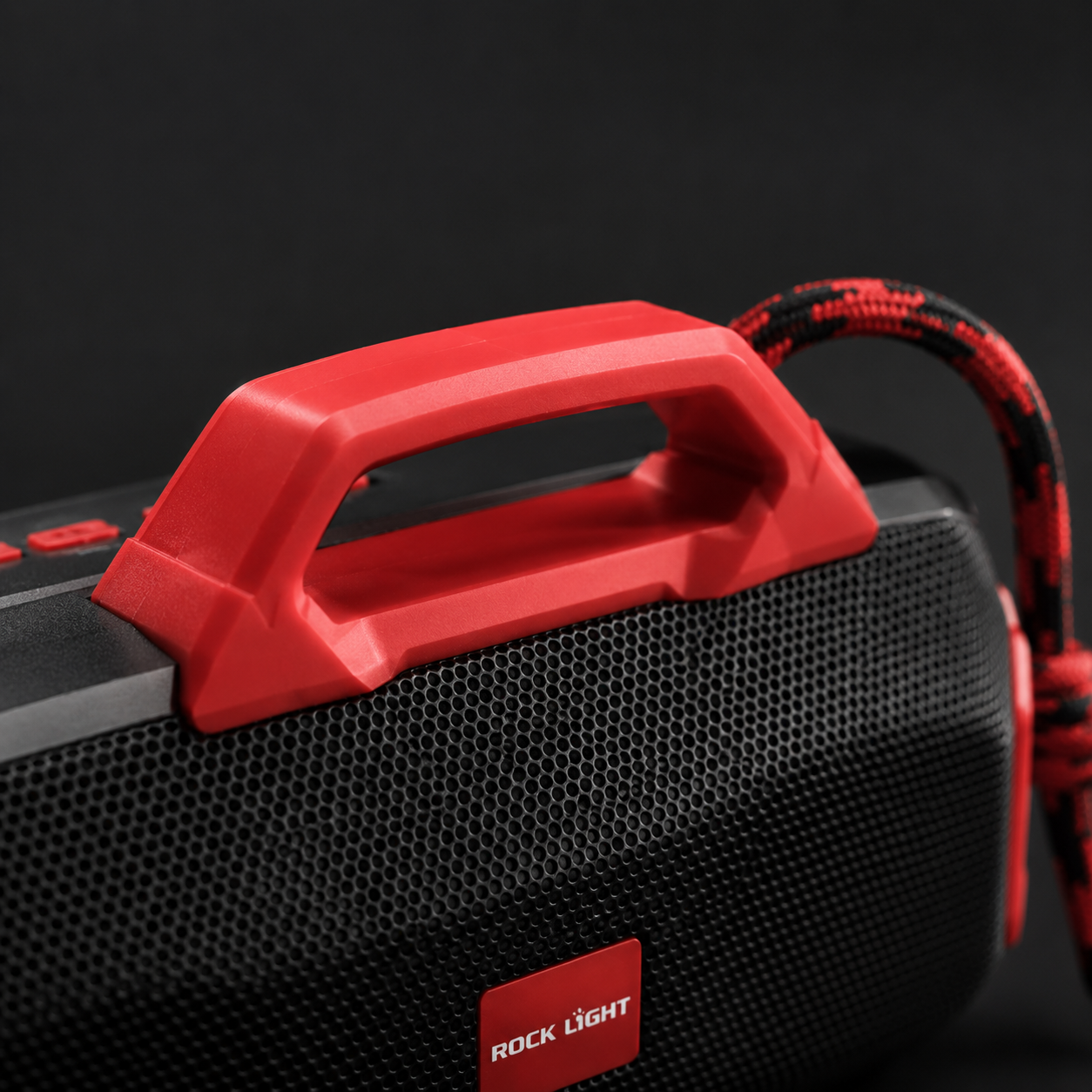 Wireless party speaker with colorful RGB LED light, portable carry handle, Bluetooth 5.0 connection, hands-free calling, AUX input, and stereo TWS pairing functionality.