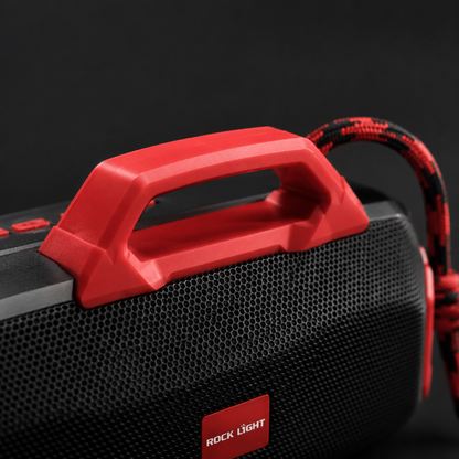 Wireless party speaker with colorful RGB LED light, portable carry handle, Bluetooth 5.0 connection, hands-free calling, AUX input, and stereo TWS pairing functionality.
