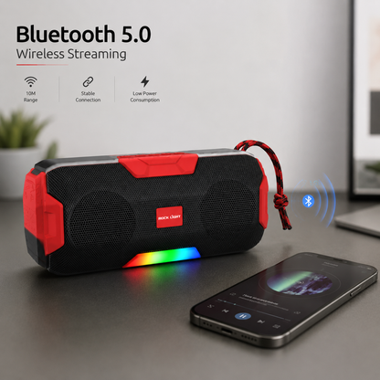 Portable Bluetooth speaker with built-in RGB light strip, USB charging cable, user manual, FM radio, TF card support, and wireless music streaming capability.