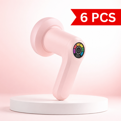 Mini massage gun with four interchangeable massage heads including smooth, wave, finger pressure, and spherical attachments, shown with body massage applications for shoulders, arms, legs, and muscle recovery.