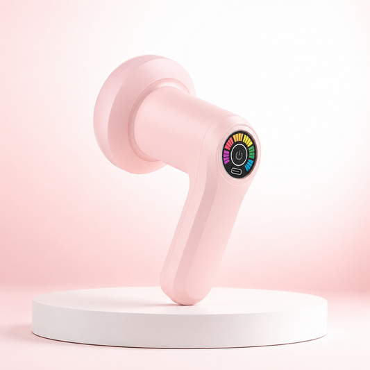 Mini massage gun with four interchangeable massage heads including smooth, wave, finger pressure, and spherical attachments, shown with body massage applications for shoulders, arms, legs, and muscle recovery.