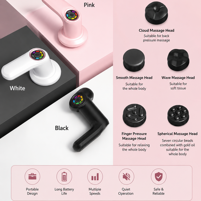 Mini handheld massage gun in soft pink color displayed on a white pedestal with a clean blush pink gradient background, featuring an ergonomic design, colorful LED control panel, and compact portable body massager style.