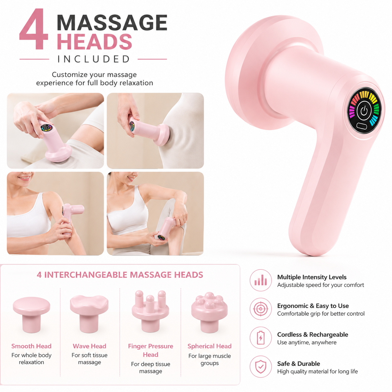 Portable mini massage gun available in pink, white, and black colors with interchangeable massage heads, multiple speed settings, long battery life, quiet operation, ergonomic design, and full-body muscle relaxation features.