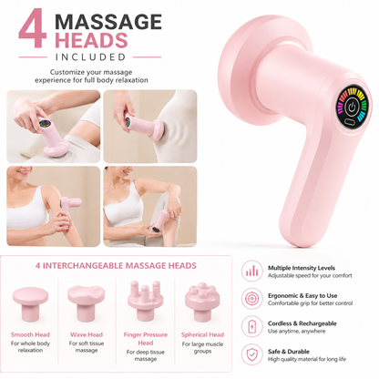 Portable mini massage gun available in pink, white, and black colors with interchangeable massage heads, multiple speed settings, long battery life, quiet operation, ergonomic design, and full-body muscle relaxation features.