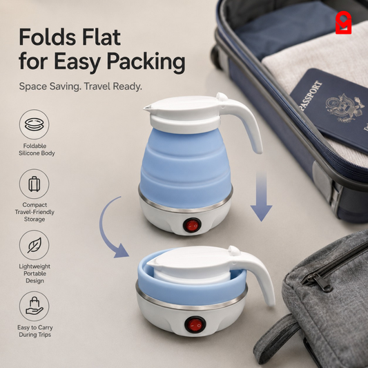 Foldable portable electric kettle collapsed for compact travel storage beside luggage and passport