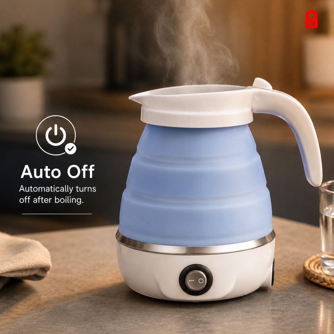 Foldable travel electric kettle with auto shut-off safety feature and steam from boiling water