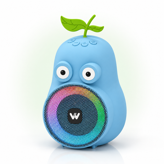 Blue WS-P1 portable wireless Bluetooth speaker with RGB LED light ring, cute fruit-inspired design, wireless connectivity, and Hi-Fi audio