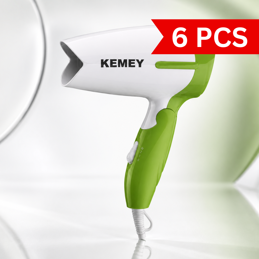 Portable foldable hair dryer with white and green finish, compact ergonomic design, 800W corded electric dryer with concentrator nozzle for home and travel use.