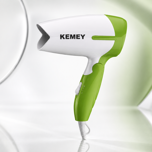 Portable foldable hair dryer with white and green finish, compact ergonomic design, 800W corded electric dryer with concentrator nozzle for home and travel use.
