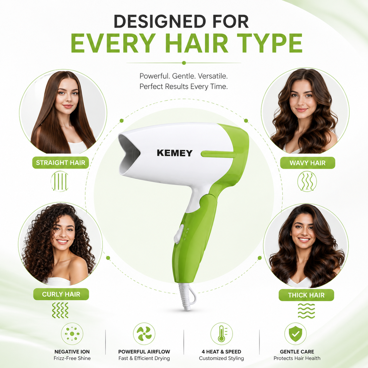 Compact foldable hair dryer suitable for straight, wavy, curly and thick hair, featuring negative ion technology, powerful airflow, multiple heat and speed settings, and gentle hair care.