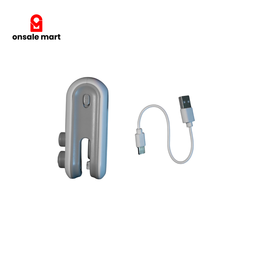 Portable handheld heat sealing machine with compact white body and charging cable on black background.