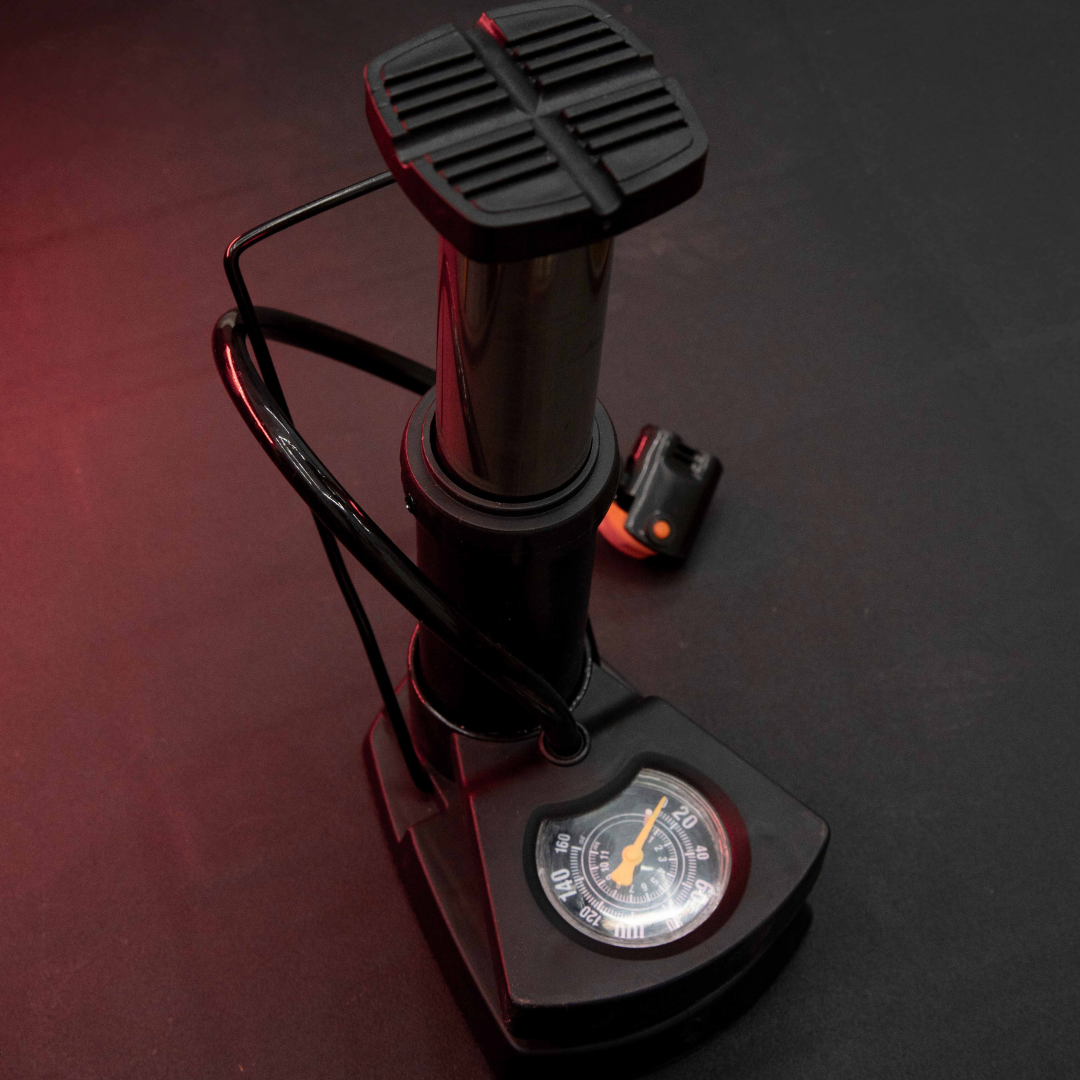 Angled View of Portable Mini Foot Pump with Accurate Pressure Gauge and Reinforced Steel Frame