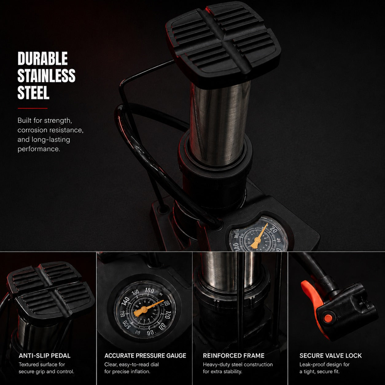 Portable Mini Foot Pump with Pressure Gauge – Durable Stainless Steel Bike Air Pump with Anti-Slip Pedal & Secure Valve Lock