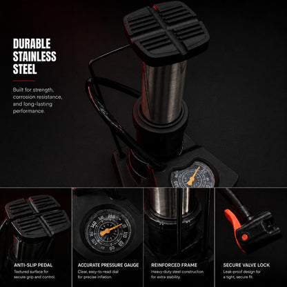 Portable Mini Foot Pump with Pressure Gauge – Durable Stainless Steel Bike Air Pump with Anti-Slip Pedal & Secure Valve Lock