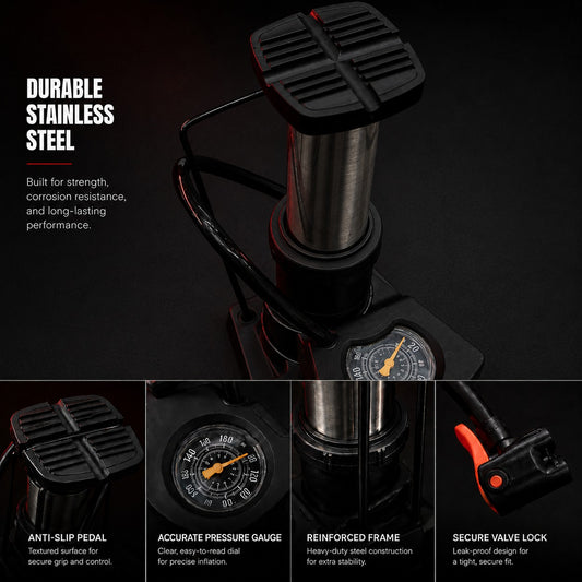 Portable Mini Foot Pump with Pressure Gauge – Durable Stainless Steel Bike Air Pump with Anti-Slip Pedal & Secure Valve Lock