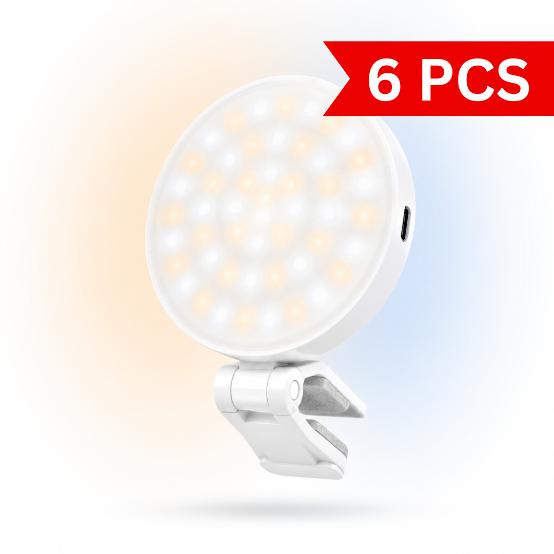 Portable K-49 CCT mobile phone fill light with adjustable clip mount, USB Type-C charging and soft diffused LED lighting