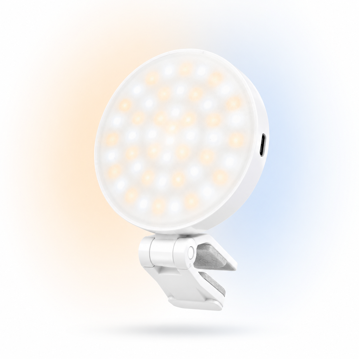 Portable K-49 CCT mobile phone fill light with adjustable clip mount, USB Type-C charging and soft diffused LED lighting
