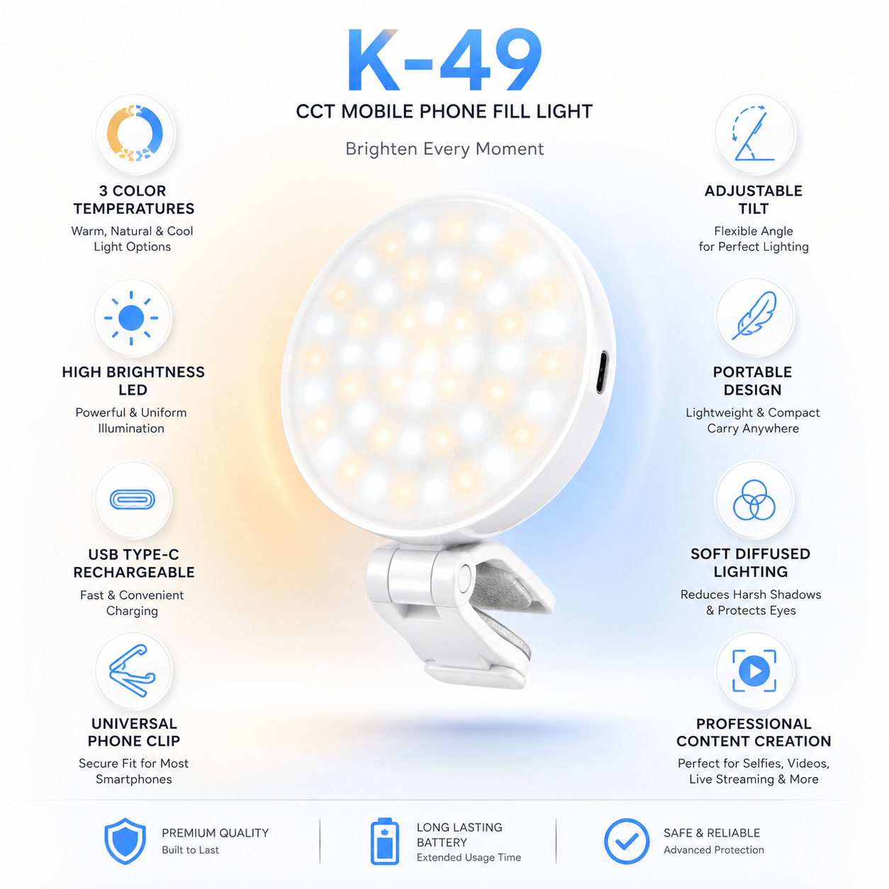 K-49 CCT mobile phone fill light with three color temperatures, USB Type-C charging, adjustable tilt, universal phone clip and soft LED lighting for content creation.