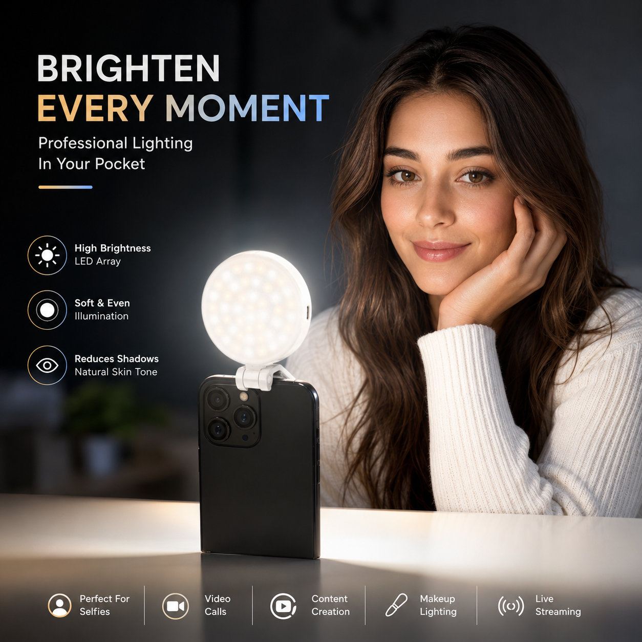 K-49 CCT mobile phone fill light clipped to a smartphone providing bright, soft illumination for selfies, video calls, live streaming and content creation.