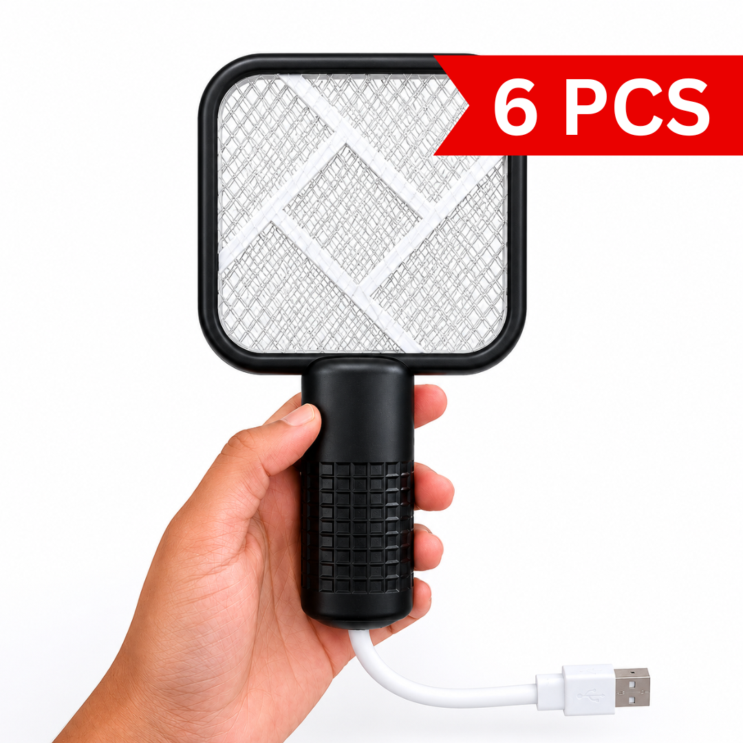 Rechargeable electric mosquito swatter with black handle and square mesh racket design, featuring USB charging cable for insect control.