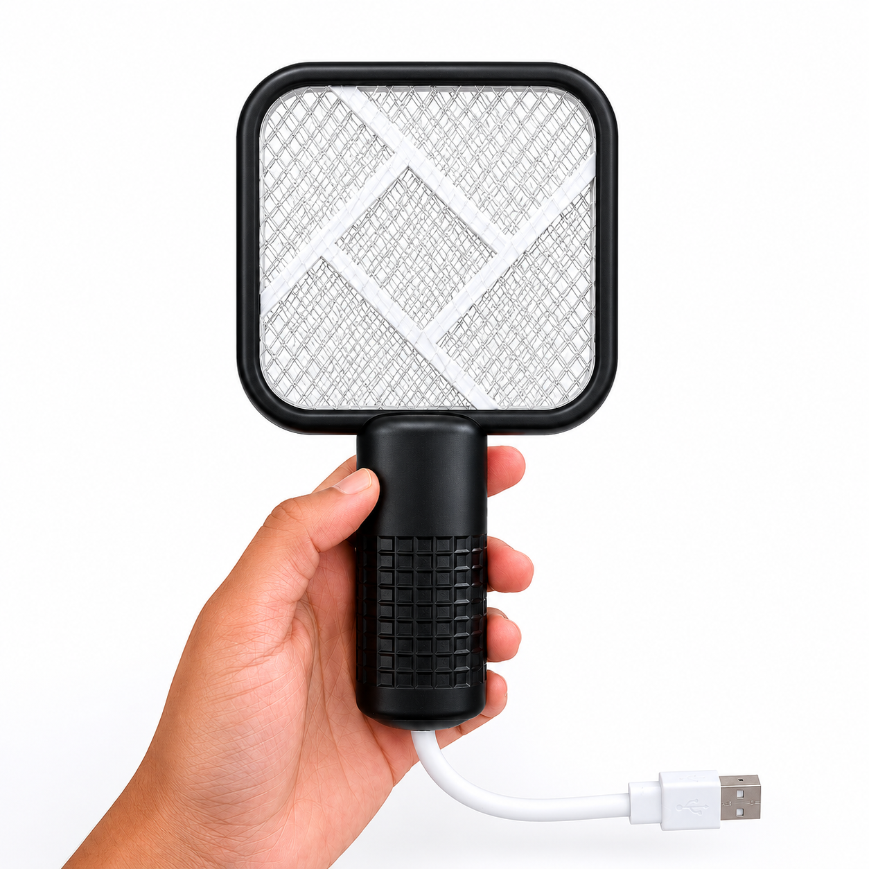 Portable USB mosquito swatter with high-density electric grid, ergonomic grip handle, and compact lightweight design for mosquito control.