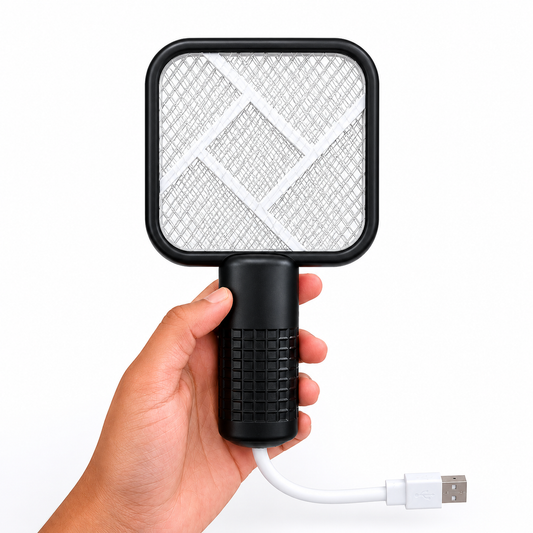 Portable USB mosquito swatter with high-density electric grid, ergonomic grip handle, and compact lightweight design for mosquito control.