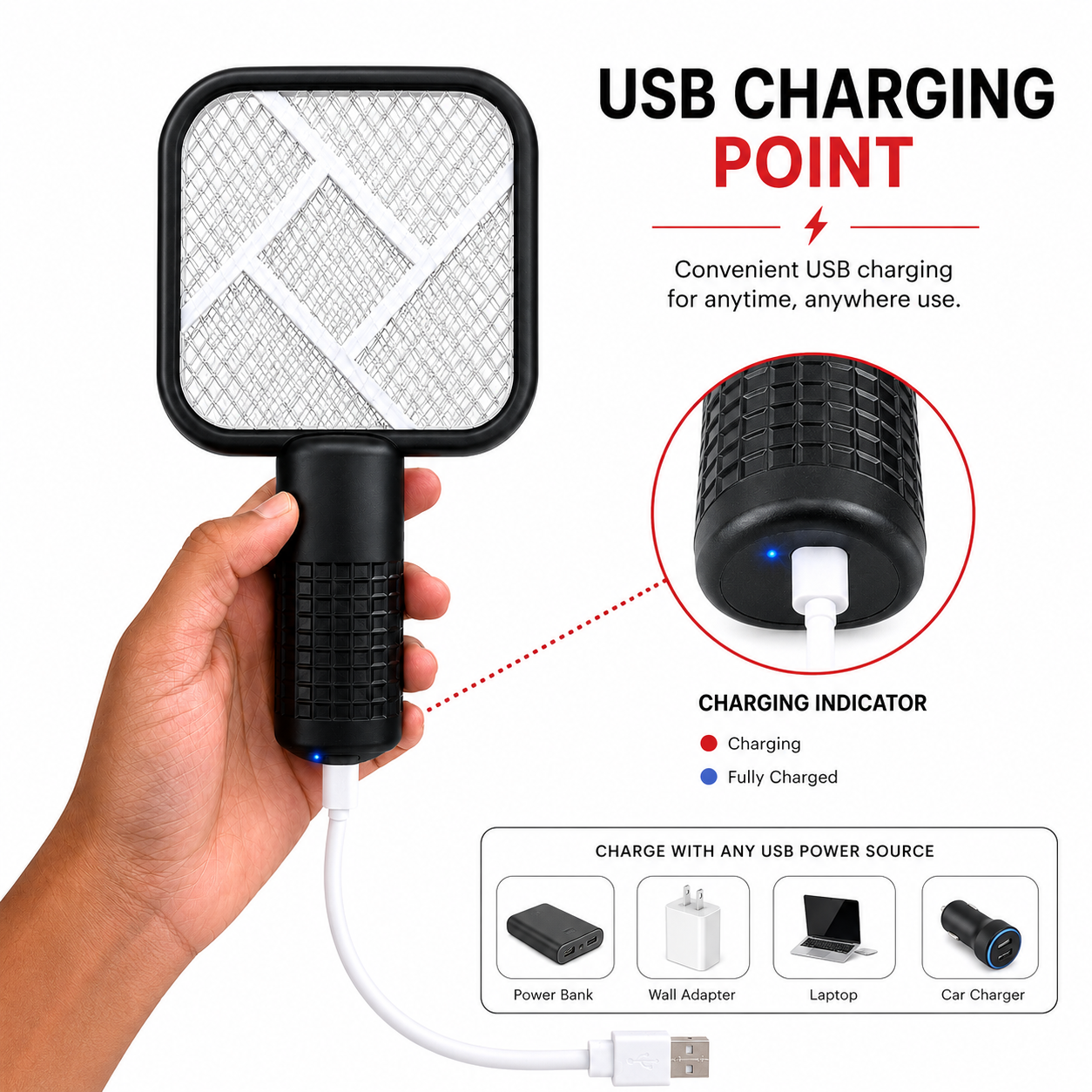 USB rechargeable mosquito swatter with charging indicator light, compact handheld design, and convenient USB charging for home and travel use.