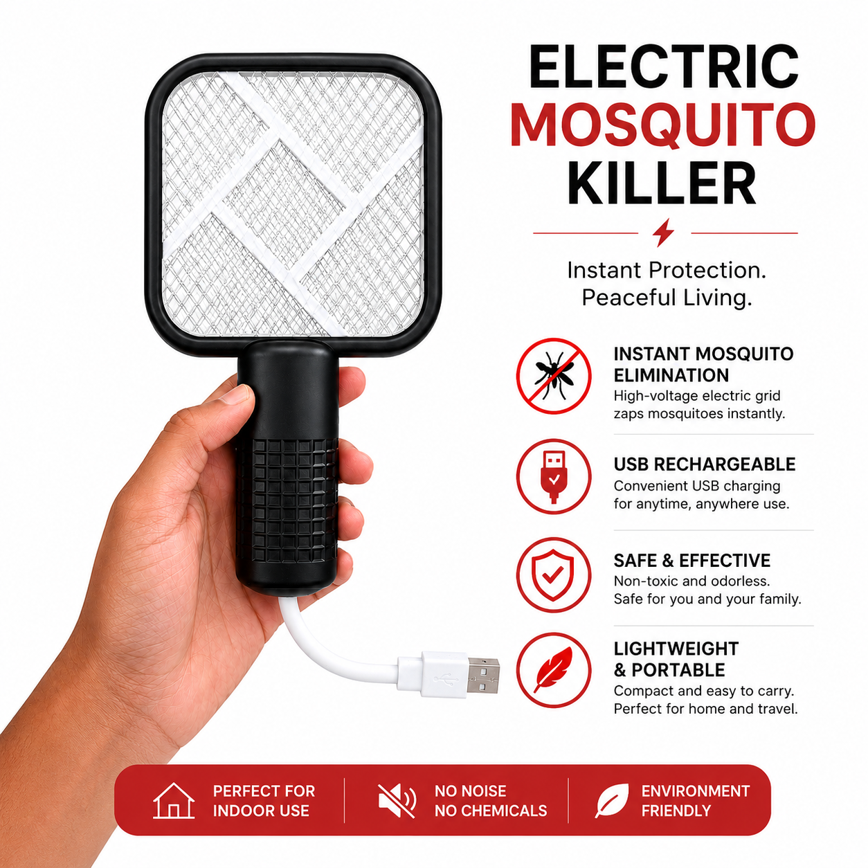 Electric mosquito killer swatter with USB rechargeable battery, portable design, mosquito control grid, and indoor-friendly operation.