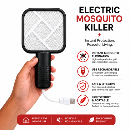 Electric mosquito killer swatter with USB rechargeable battery, portable design, mosquito control grid, and indoor-friendly operation.