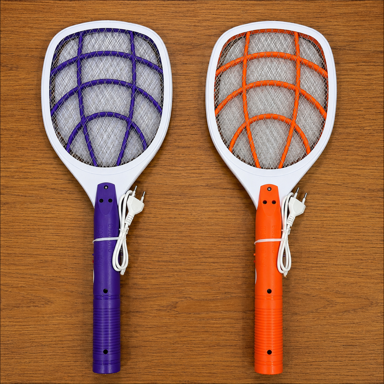 Rechargeable electric mosquito racket available in purple and orange color variants with 3-layer protective mesh and charging cable for indoor insect control