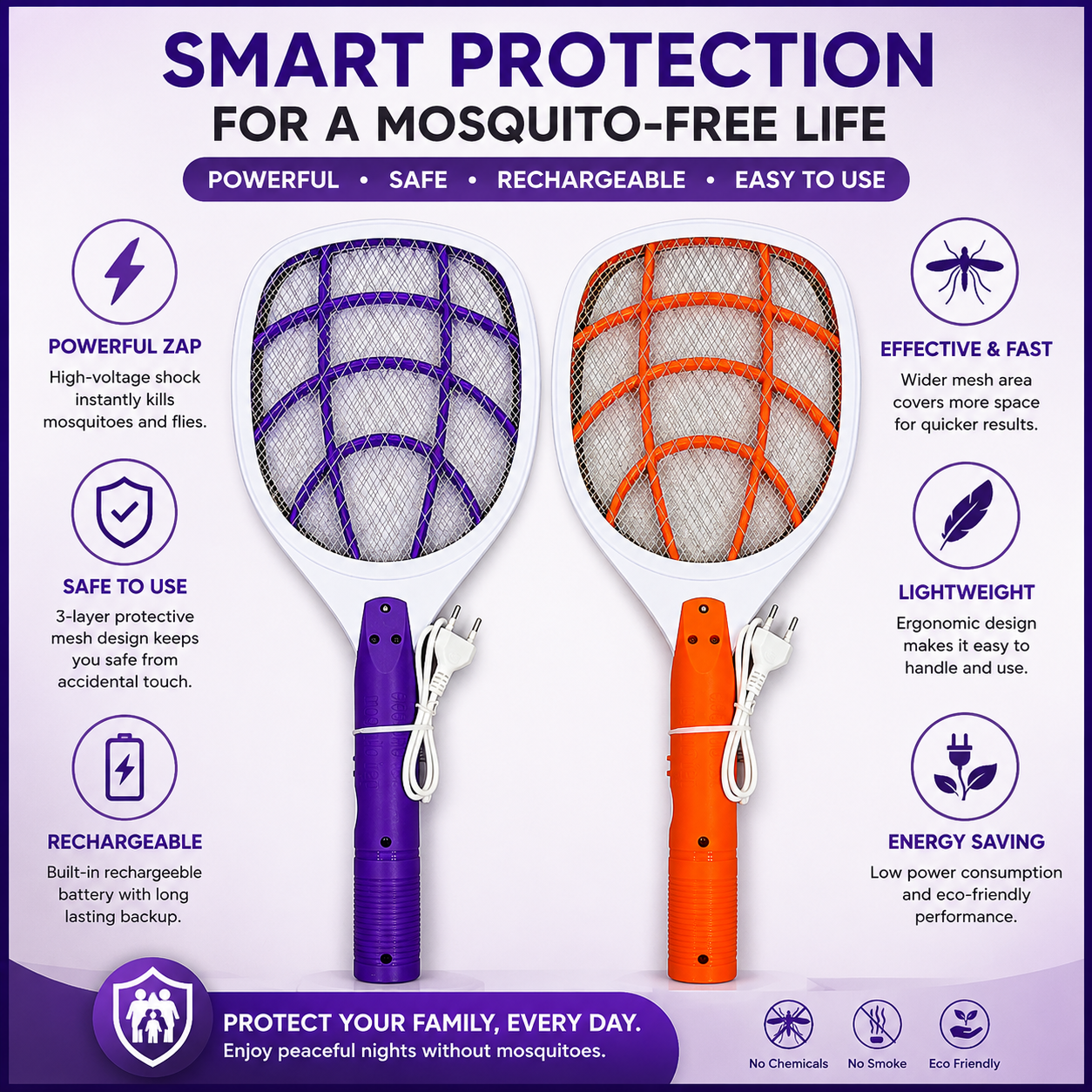 Rechargeable mosquito killer bats in purple and orange colors featuring powerful zapping, safety mesh, rechargeable battery, lightweight design and eco-friendly protection