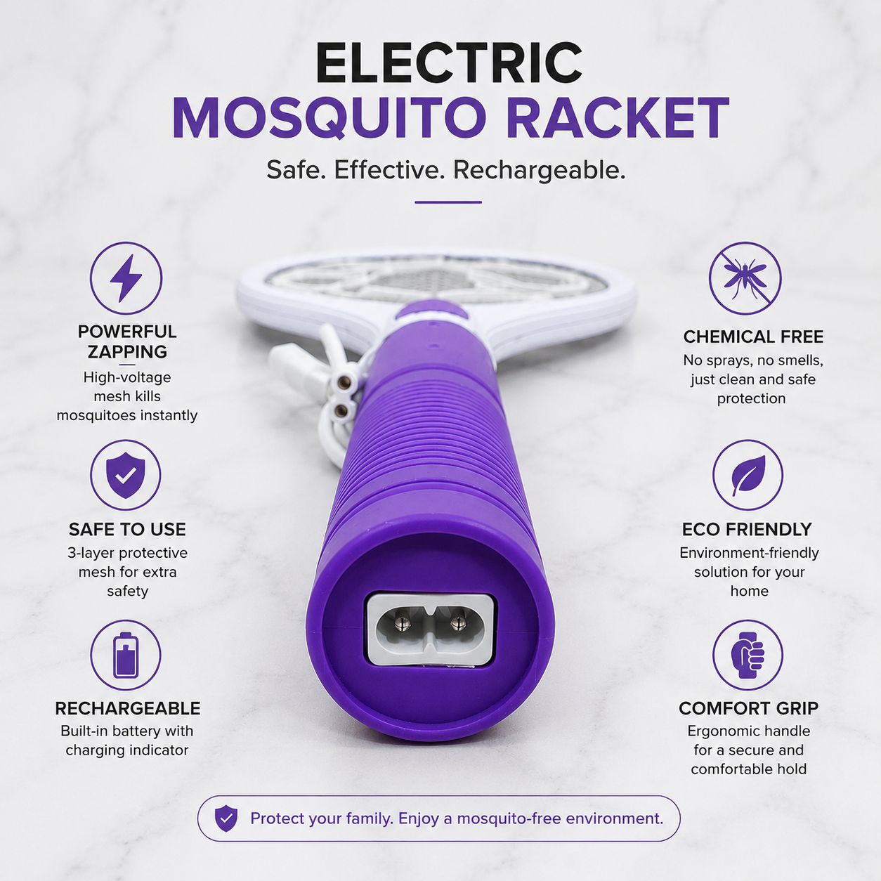 Electric mosquito racket with rechargeable battery, high-voltage mesh, chemical-free mosquito control, comfort grip handle and protective safety mesh