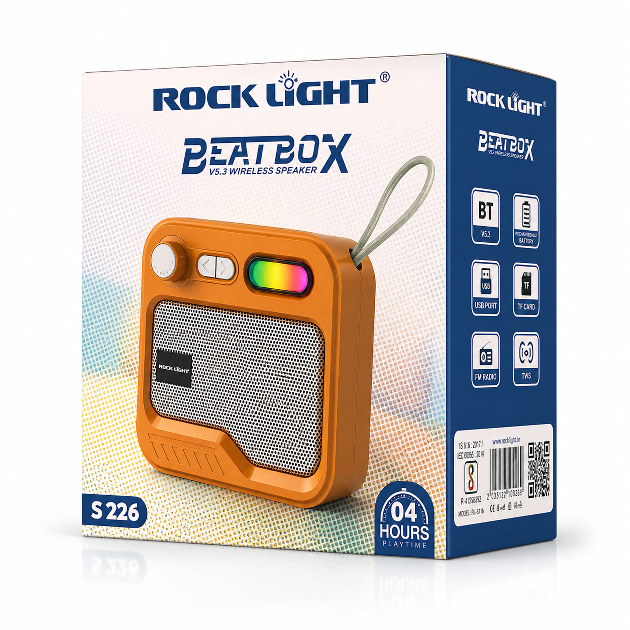 Portable retro-style Bluetooth wireless speaker packaging featuring an orange speaker with metallic front grille, RGB light accent, rotary control knob, carry loop, Bluetooth V5.3 connectivity, rechargeable battery, FM radio, TF card, USB playback, TWS support, and up to 4 hours playtime.